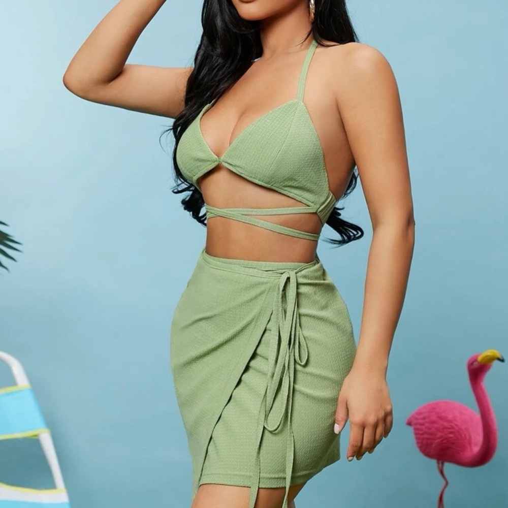 Backless Halter Top with Wrap Skirt Set